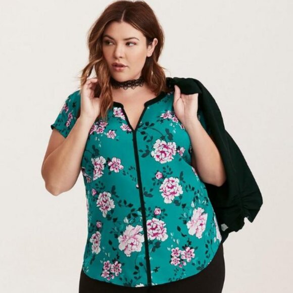 torrid Tops - TORRID TEAL FLORAL CONTRAST DOLMAN TOP